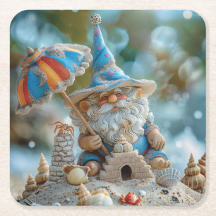 Cute beach gnome with an umbrella square paper coaster