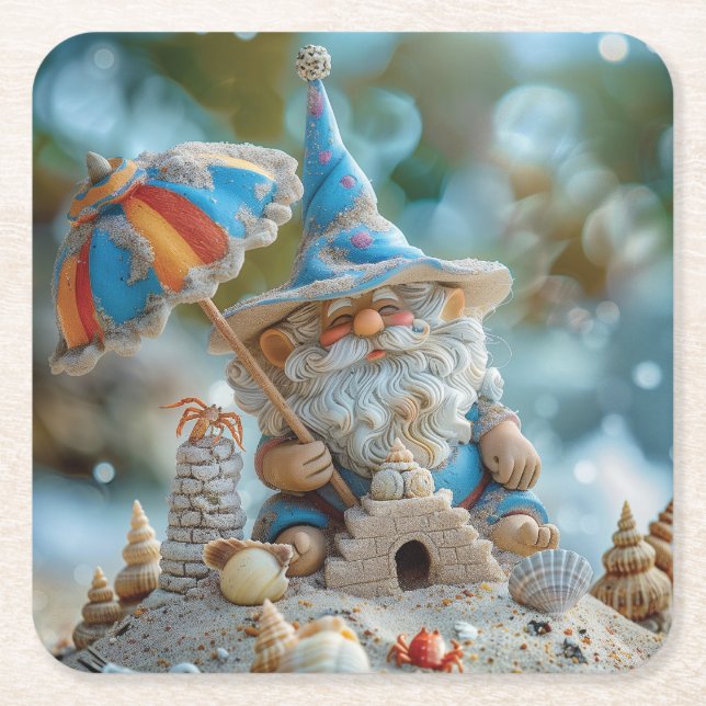 Cute beach gnome with an umbrella square paper coaster (Front)