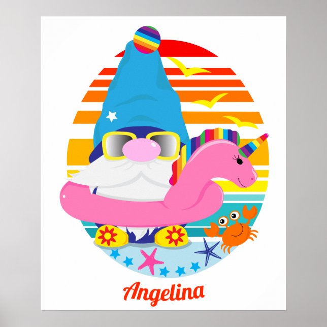 Cute Beach Gnome With Unicorn Inflatable Poster (Front)