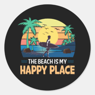 cute beach happy place surfer classic round sticker