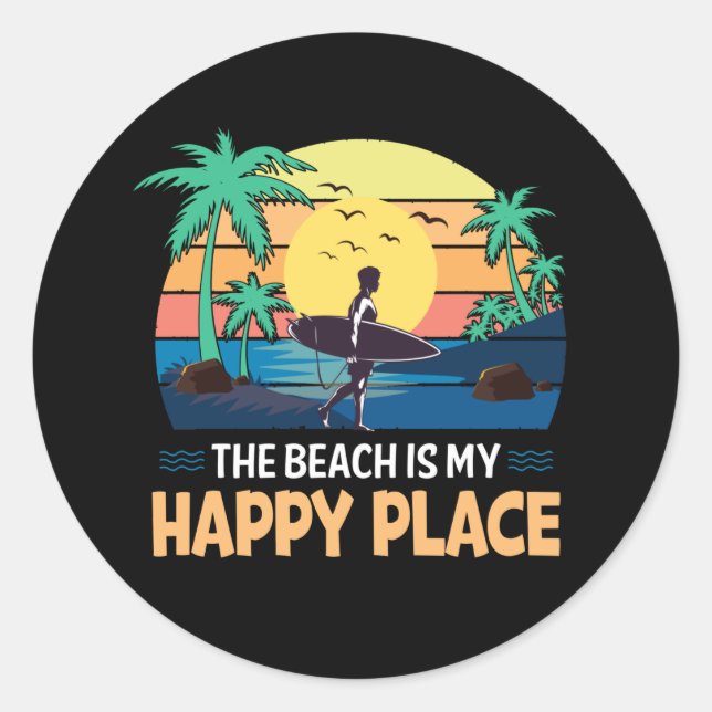 cute beach happy place surfer classic round sticker (Front)