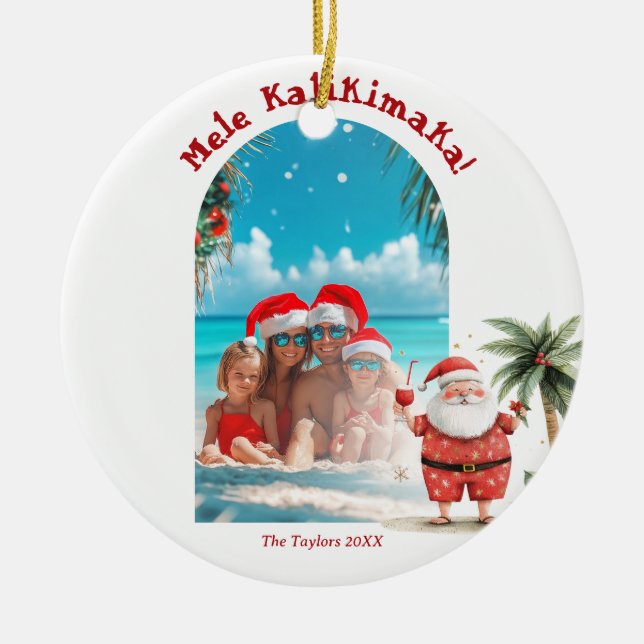 Cute Beach Hawaii Mele Kalikimaka Christmas Photo Ceramic Ornament (Front)