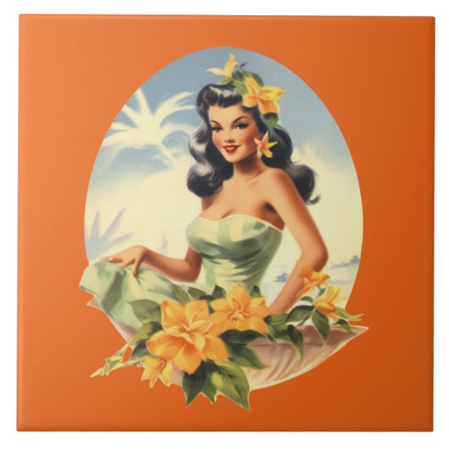 Cute beach Hawaiian lady  Ceramic Tile (Front)