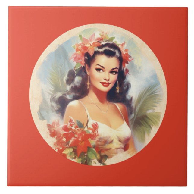 Cute beach Hawaiian lady  Ceramic Tile (Front)