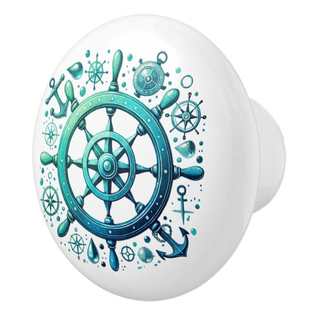 Cute beach house ships wheel ceramic knob (Right)