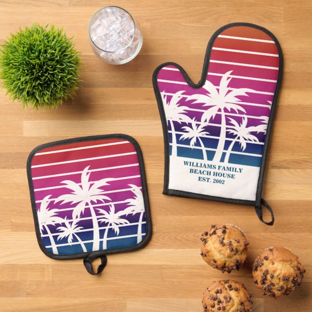 Cute Beach House Sunset Palm Tree Custom Oven Mitt &amp; Pot Holder Set (Top Down)