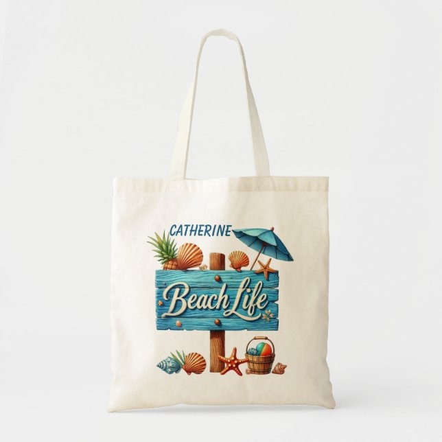 Cute beach life sign add name tote bag (Front)