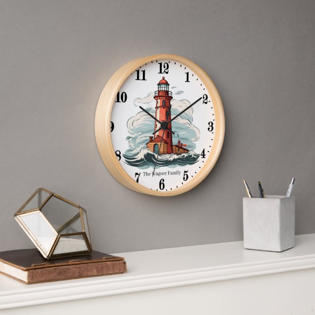 Cute Beach lighthouse lovers add name  Clock (Office)