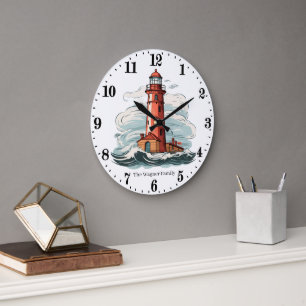 Cute Beach lighthouse lovers add name  Large Clock