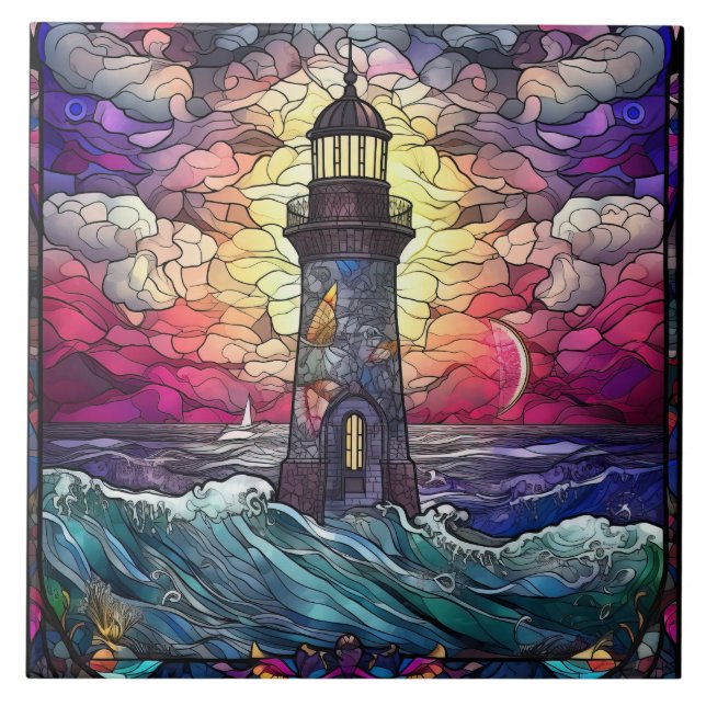 cute beach lighthouse lovers ceramic tile (Front)