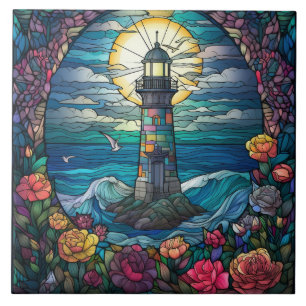 cute beach lighthouse lovers  ceramic tile