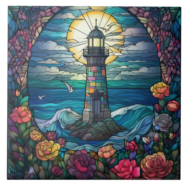 cute beach lighthouse lovers  ceramic tile (Front)