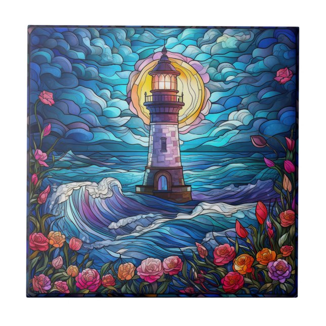 cute beach lighthouse lovers  ceramic tile (Front)