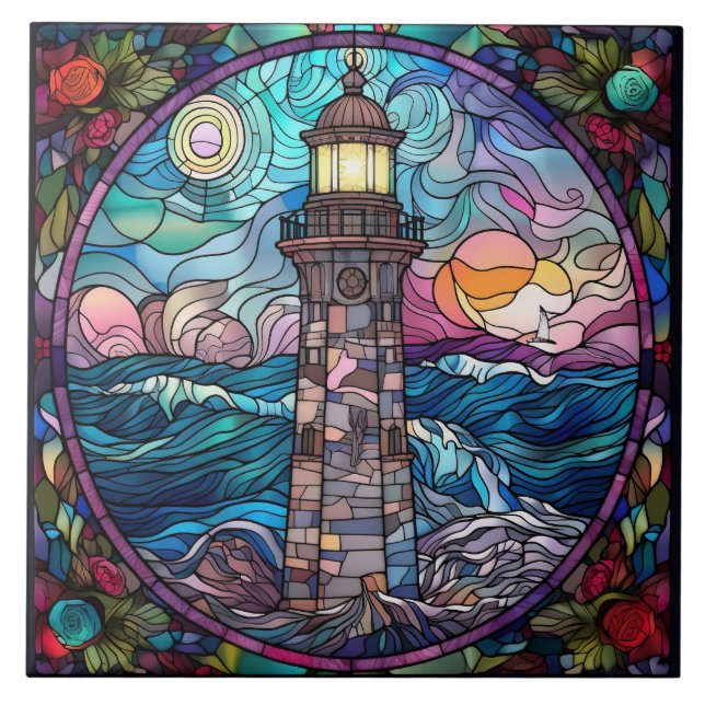 cute beach lighthouse lovers  ceramic tile (Front)