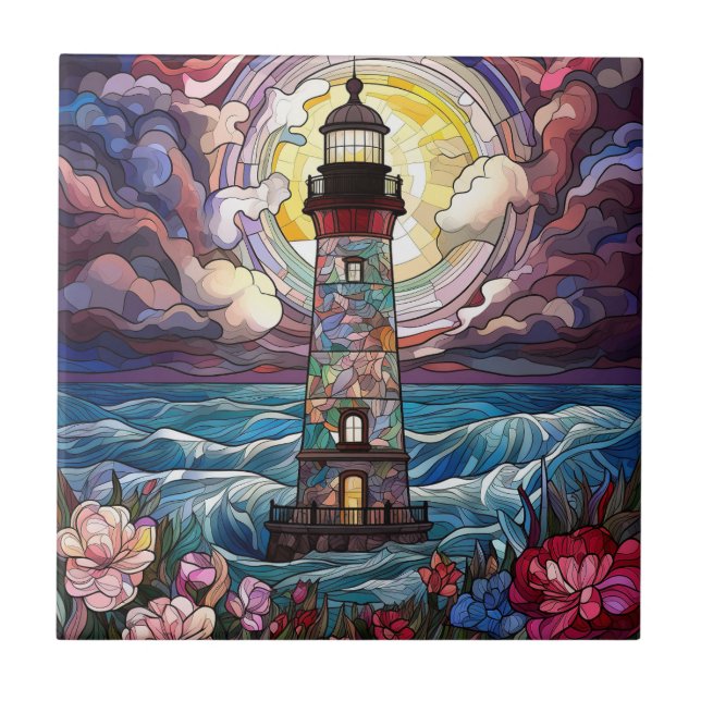 cute beach lighthouse lovers ceramic tile (Front)