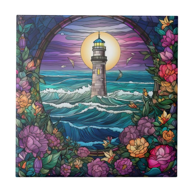 cute beach lighthouse lovers ceramic tile (Front)