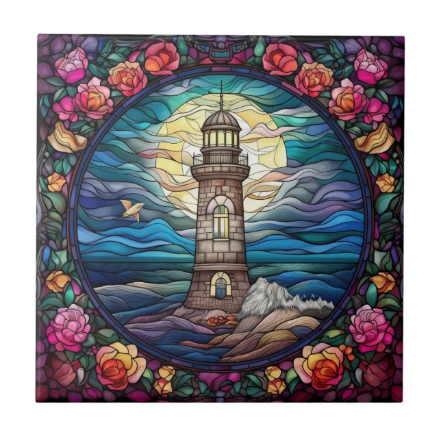 cute beach lighthouse lovers  ceramic tile (Front)