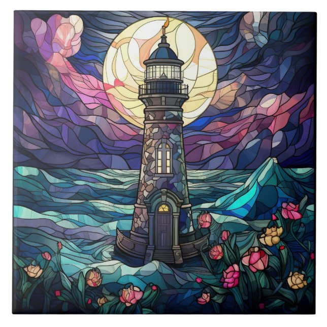 cute beach lighthouse lovers  ceramic tile (Front)