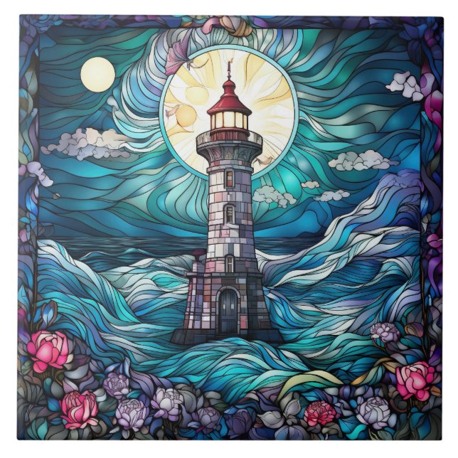 cute beach lighthouse lovers  ceramic tile (Front)