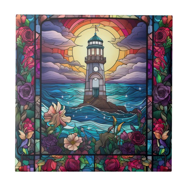 cute beach lighthouse lovers  ceramic tile (Front)