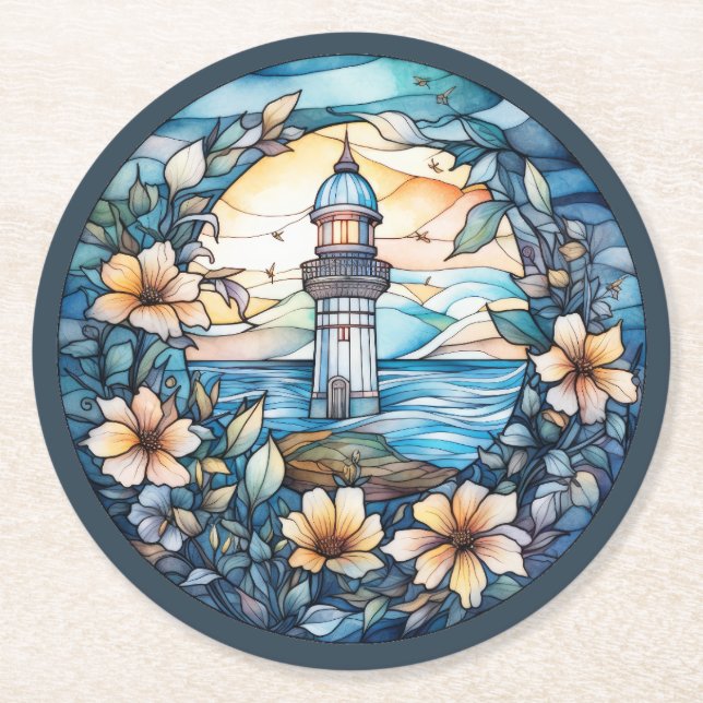 Cute beach lighthouse lovers party round paper coaster (Front)