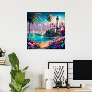 Cute beach lighthouse lovers  poster