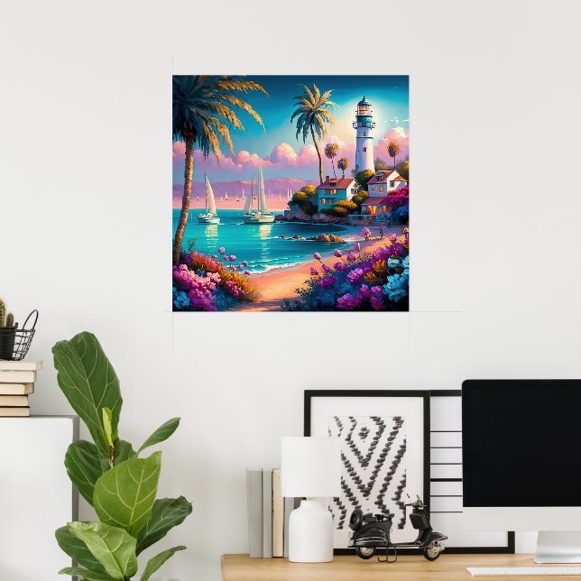 Cute beach lighthouse lovers  poster (Home Office)