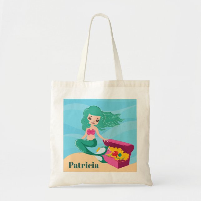 Cute Beach mermaid add name girls tote bag (Front)