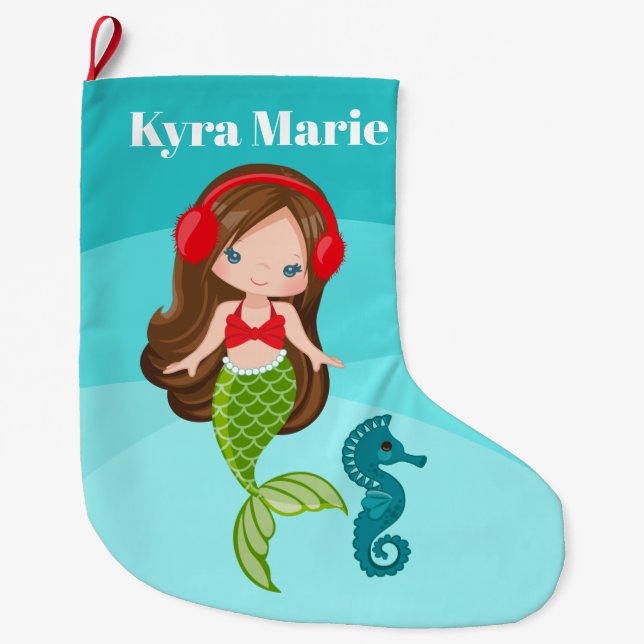 Cute Beach mermaid Christmas Holiday Large Christmas Stocking (Front)