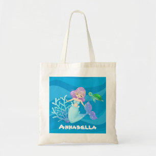 Cute beach mermaid sea turtle add name tote bag