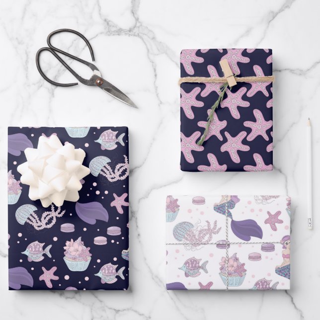 cute beach mermaid tiled party wrapping paper sheet (Front)