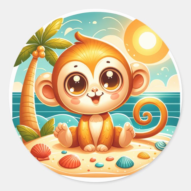 Cute beach monkey lovers classic round sticker (Front)