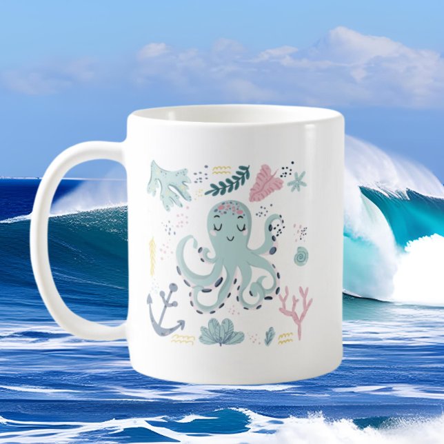cute beach octopus add monogram coffee mug (Creator Uploaded)