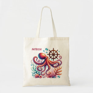 Cute beach octopus lovers add name tote bag