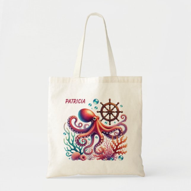 Cute beach octopus lovers add name tote bag (Front)