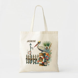 Cute beach pelican lovers add name tote bag