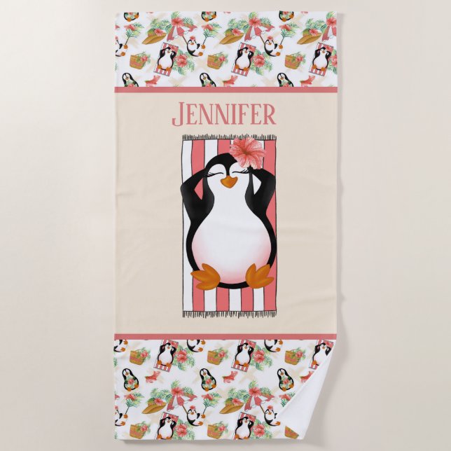 cute beach penguin add name Beach Towel (Front)
