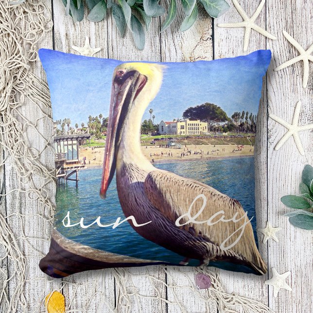 Cute Beach Pier Pelican Bird Photo Sun Day Quote  Cushion (Creator Uploaded)