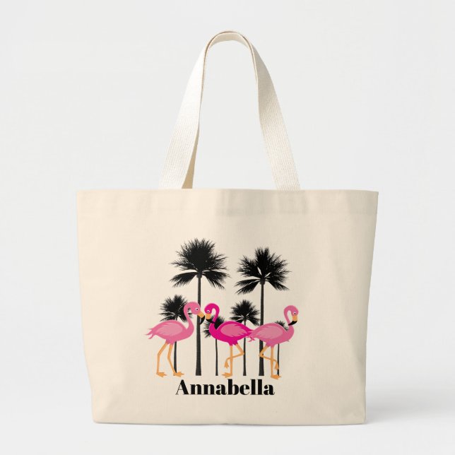 Cute beach pink flamingo add name tote bag (Front)