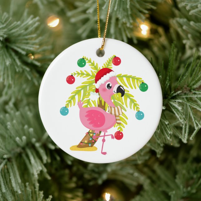cute beach pink flamingo add sentiment  ceramic ornament (Tree)