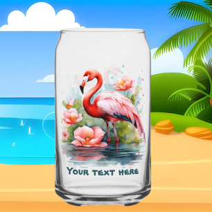 Cute beach pink flamingo add text can glass