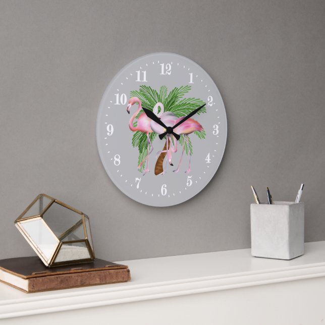 Cute beach pink flamingo decor Large Clock (Office)