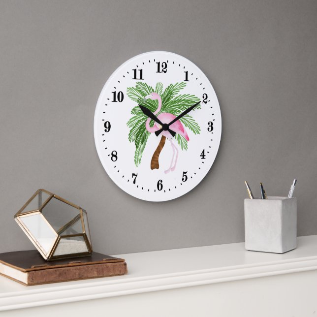 Cute beach pink flamingo decor large clock (Office)