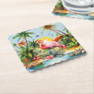 Cute beach pink flamingo lovers paper coaster