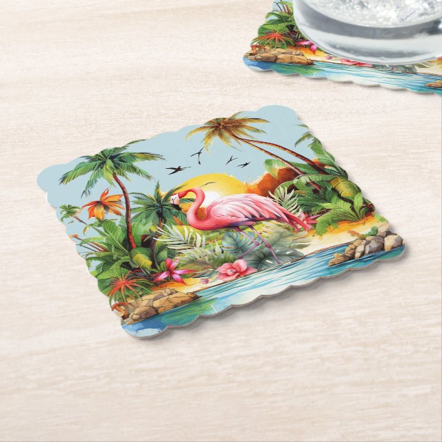 Cute beach pink flamingo lovers paper coaster (Angled)