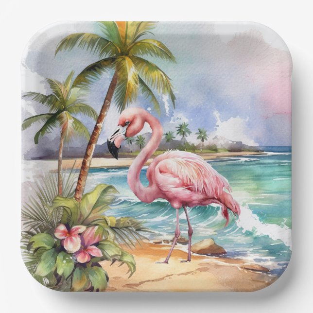 Cute beach pink flamingo party  paper plate (Front)