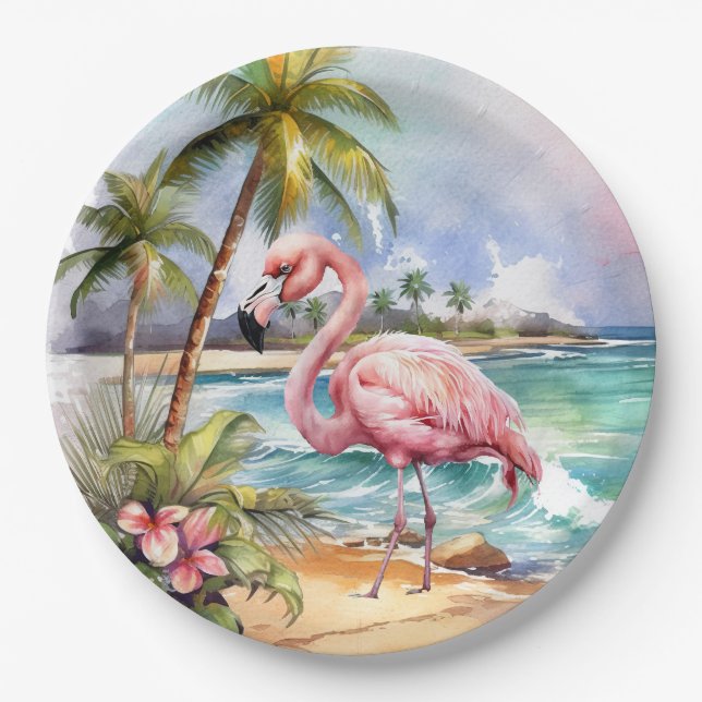 Cute beach pink flamingo party  paper plate (Front)