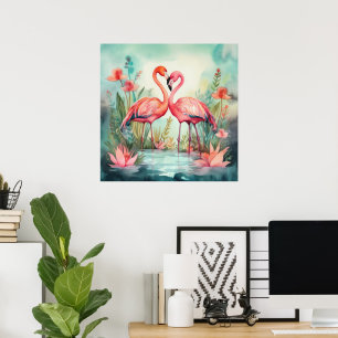 Cute beach pink flamingo  poster
