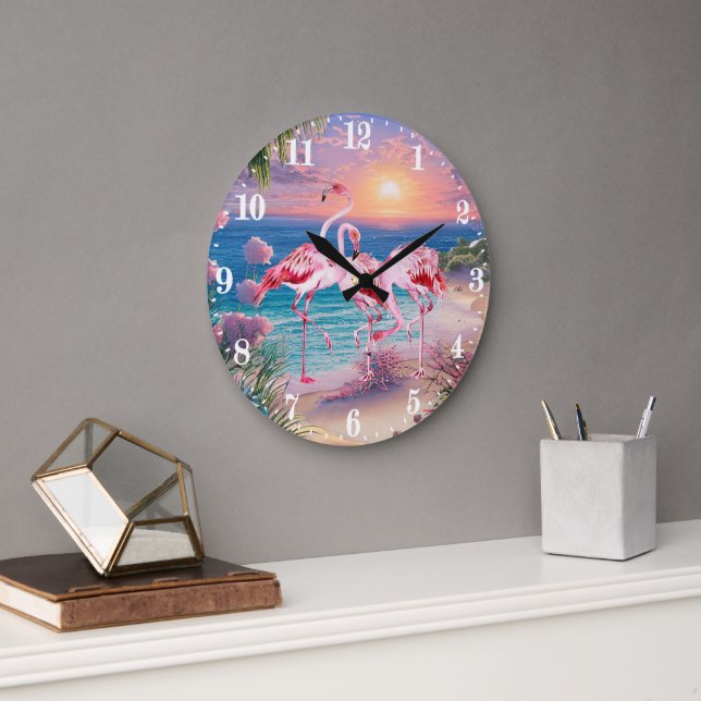 cute Beach pink flamingos  Large Clock (Office)