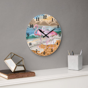 cute Beach pink flamingos  Large Clock